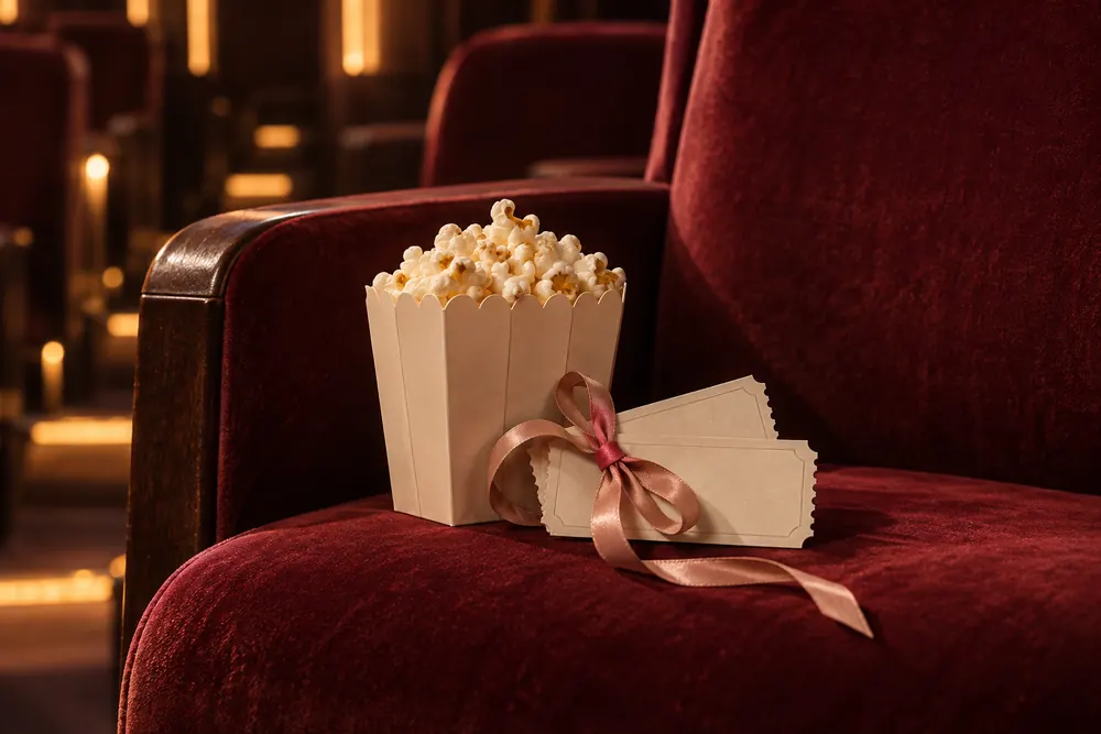 Popcorn and two paper tickets on a burgundy velvet cinema seat