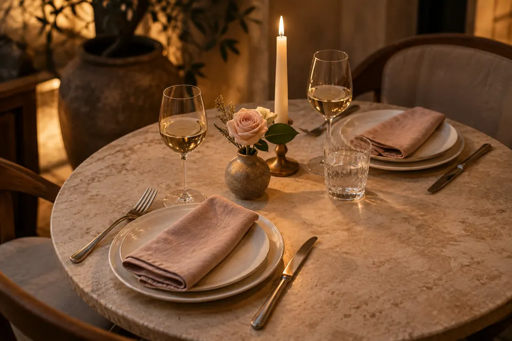 A candlelit table set for two with linen napkins and a rose