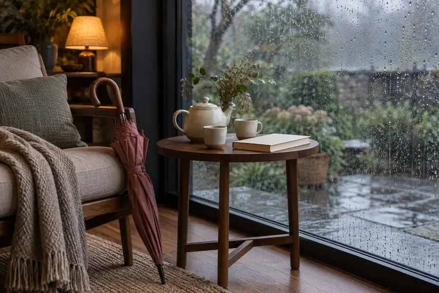 A rose umbrella and tea for two beside a rain-streaked window