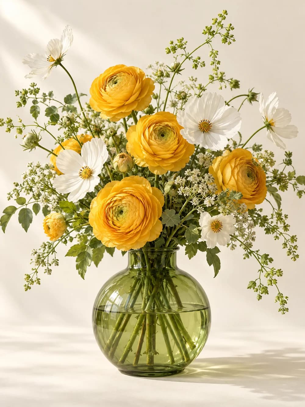 Yellow ranunculus and white cosmos in an olive glass vase