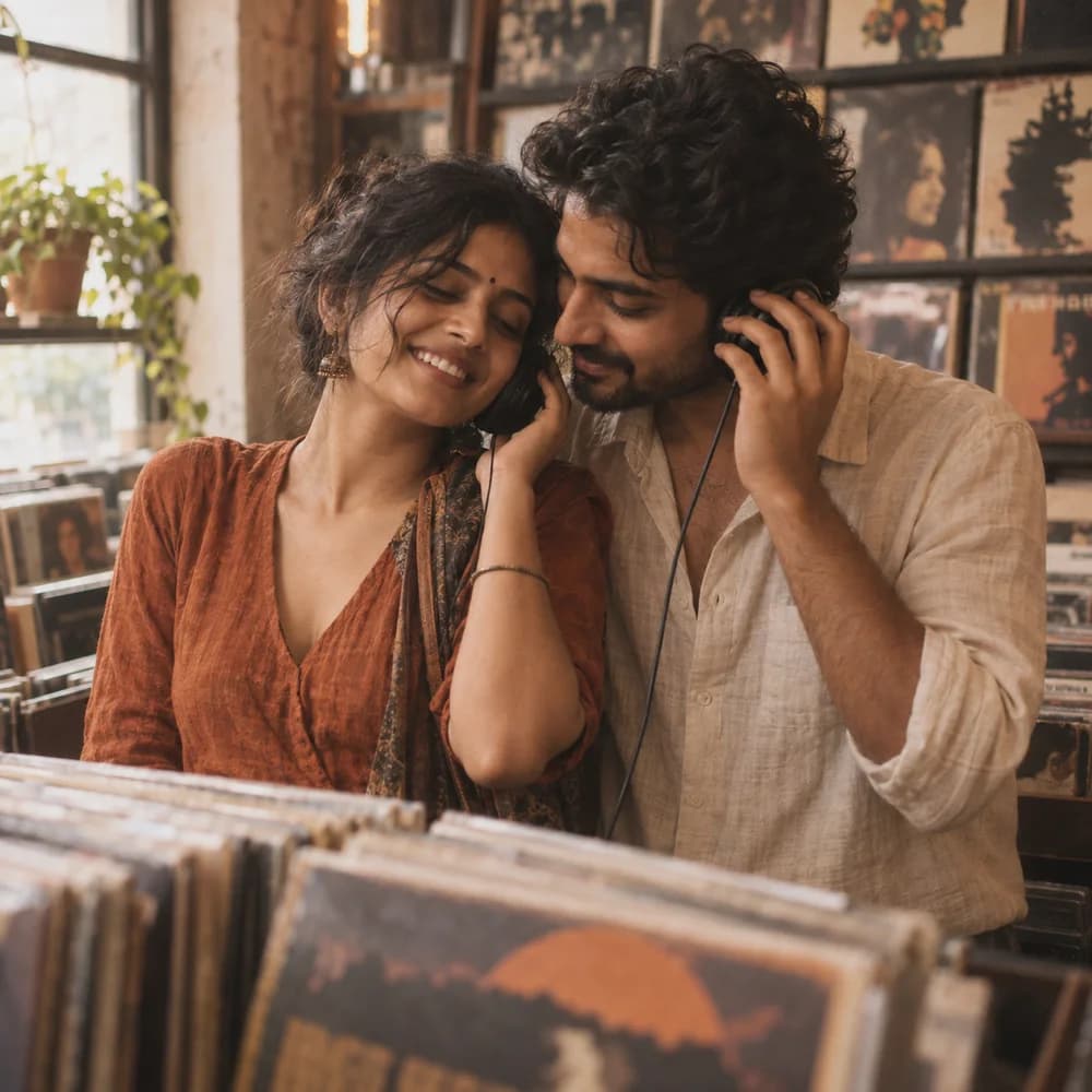 Fictional couple in a record shop, the sample Side A sleeve