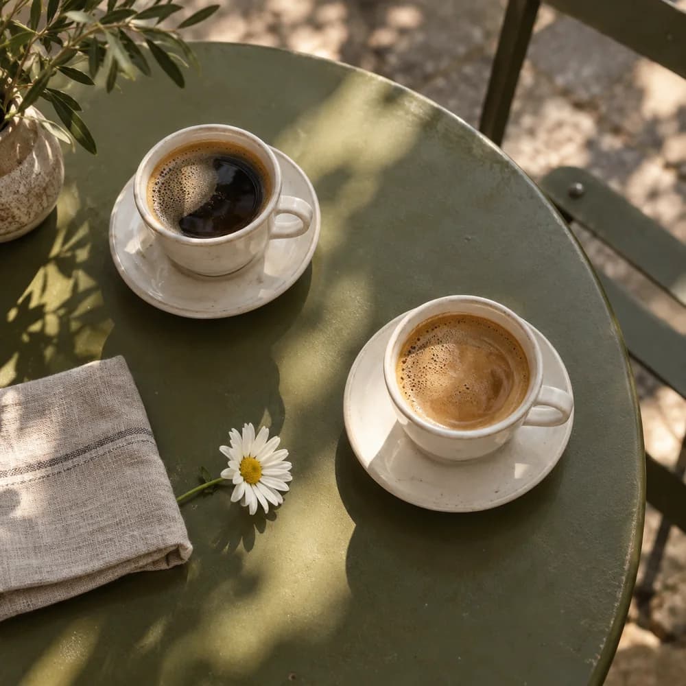 Two cups of coffee and a daisy from the sample journal