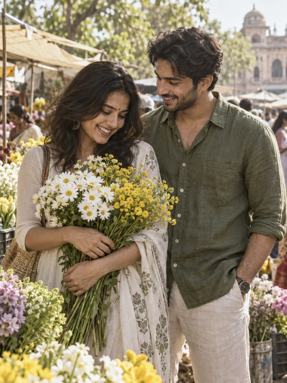 Fictional couple choosing flowers in a sample Sunday Journal