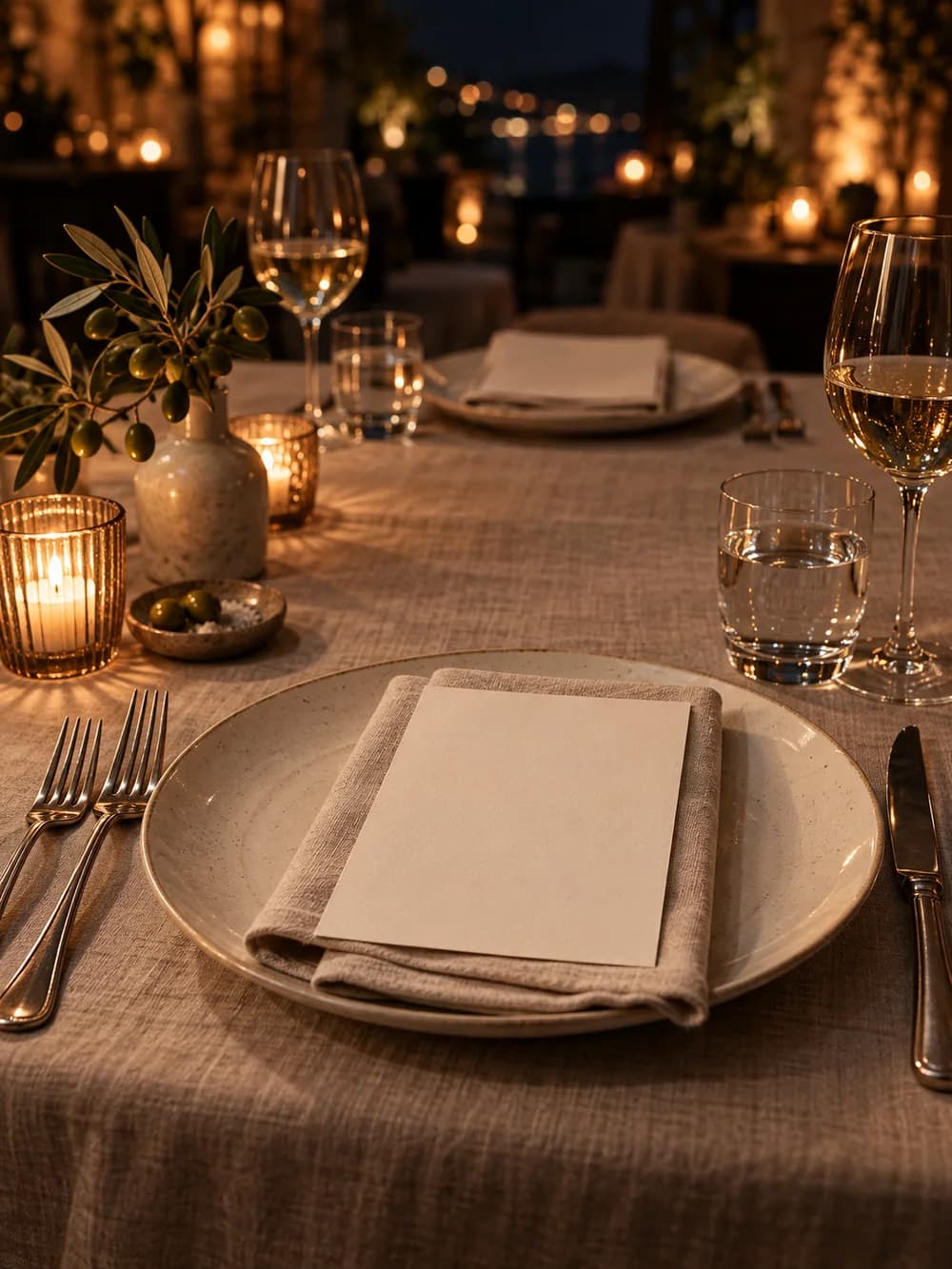 A candlelit dinner table with a linen invitation