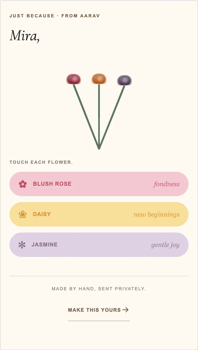 Example recipient view of Picked for You, with fictional names and words