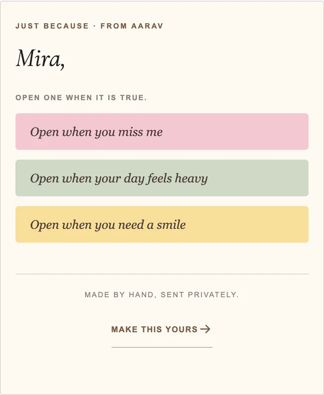 Example recipient view of Open When, with fictional names and words