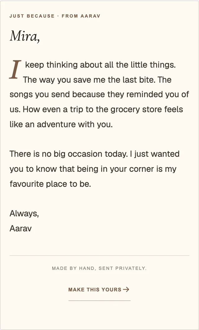 Example recipient view of Just Because, with fictional names and words
