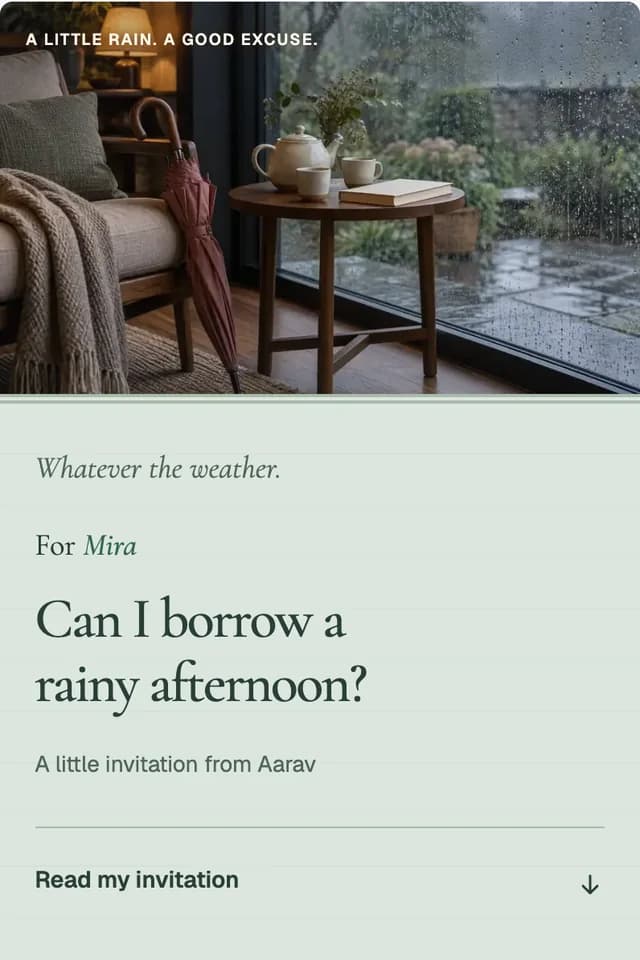 Example recipient view of Raincheck, Please, with fictional names and words