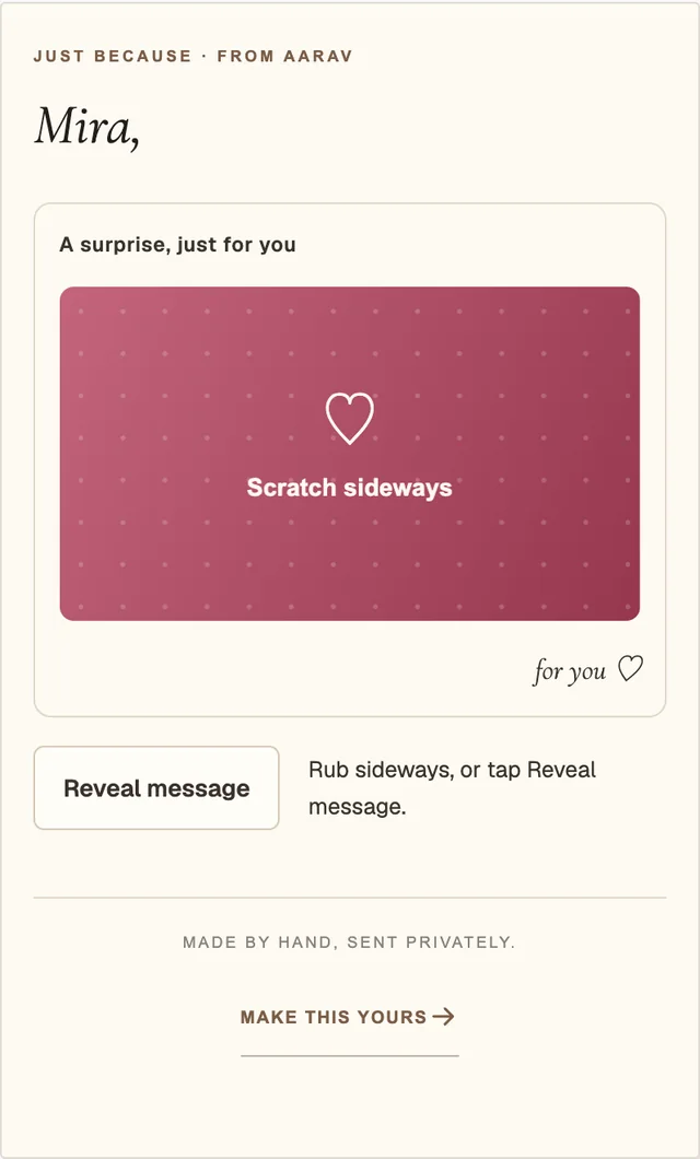 Example recipient view of A Little Surprise, with fictional names and words